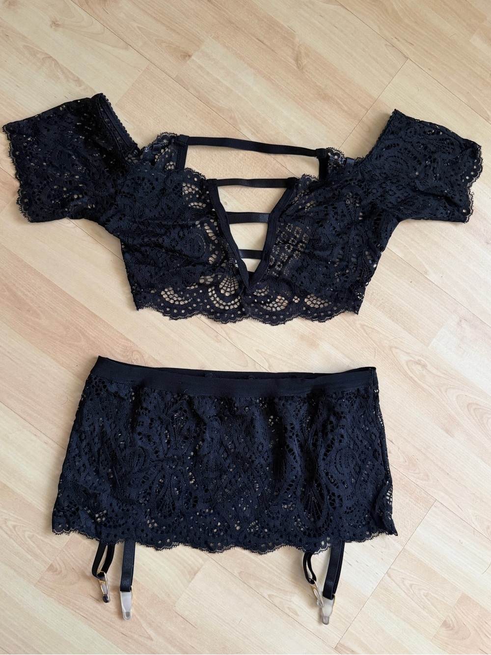 Black Lace Strap Top Garter Skirt Set